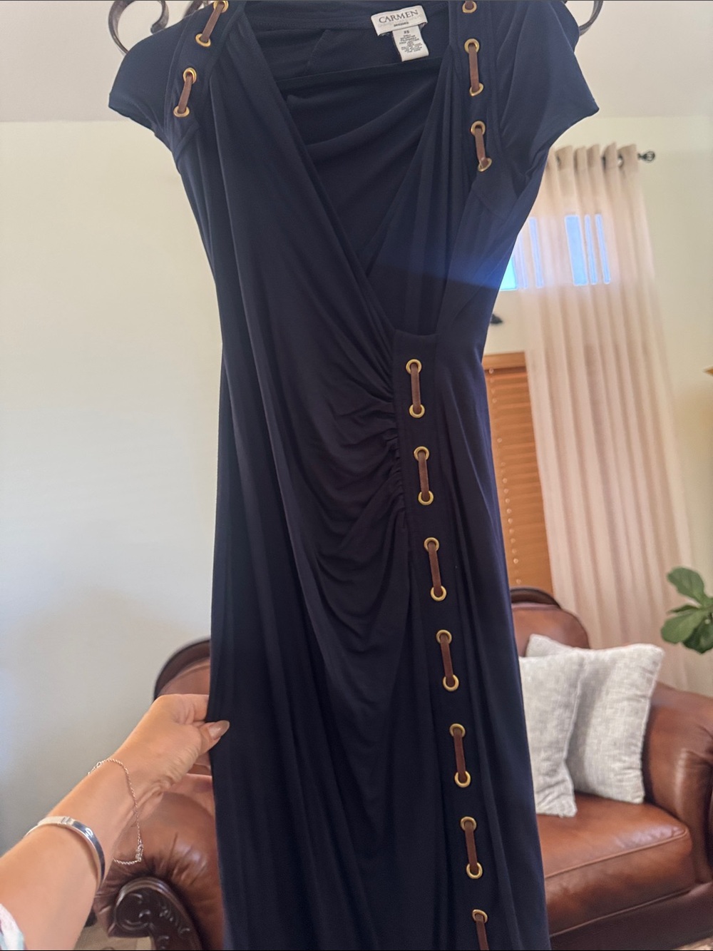 Carmen Marc Valvo Navy Grommet-Detail Ruched Maxi Dress